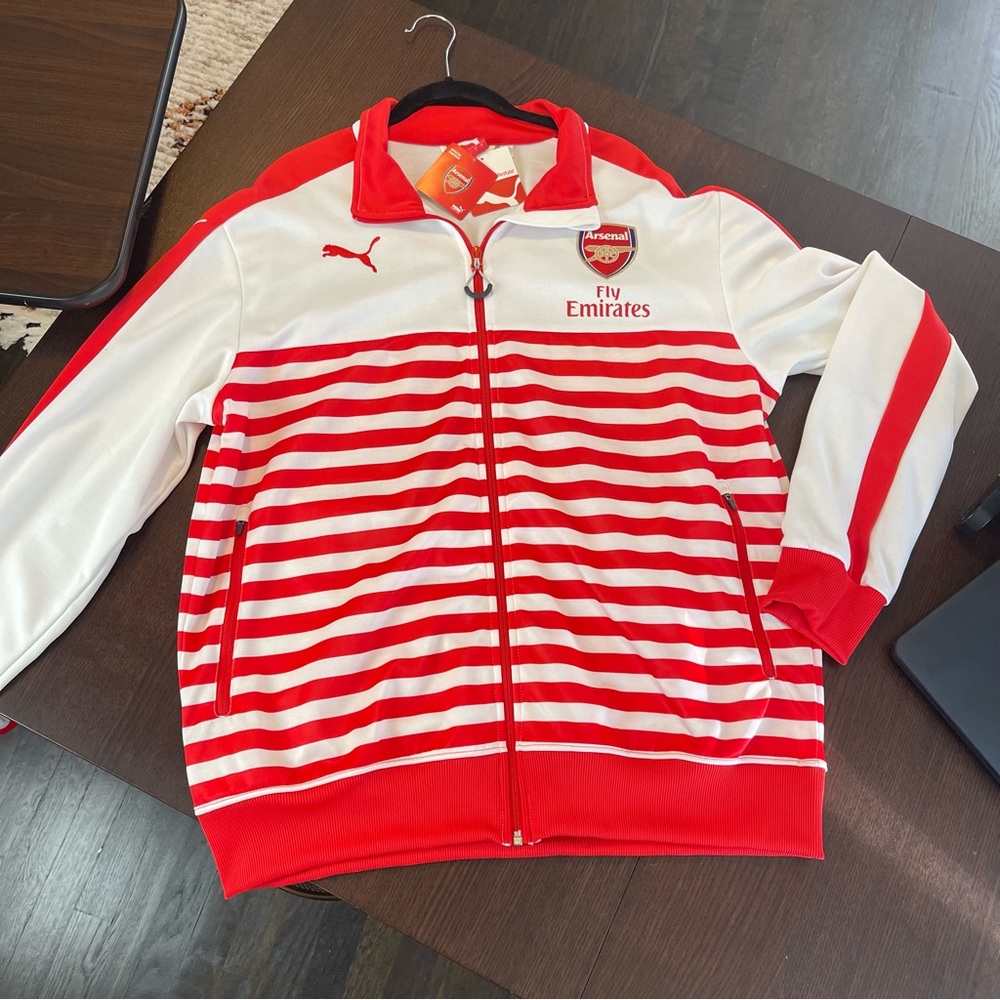 Arsenal Fly Emirates track jacket by Puma red and white stripe mens size L NWT